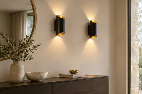 Deux appliques murales noires à intérieur doré éclairent un mur ivoire vers le haut et le bas.