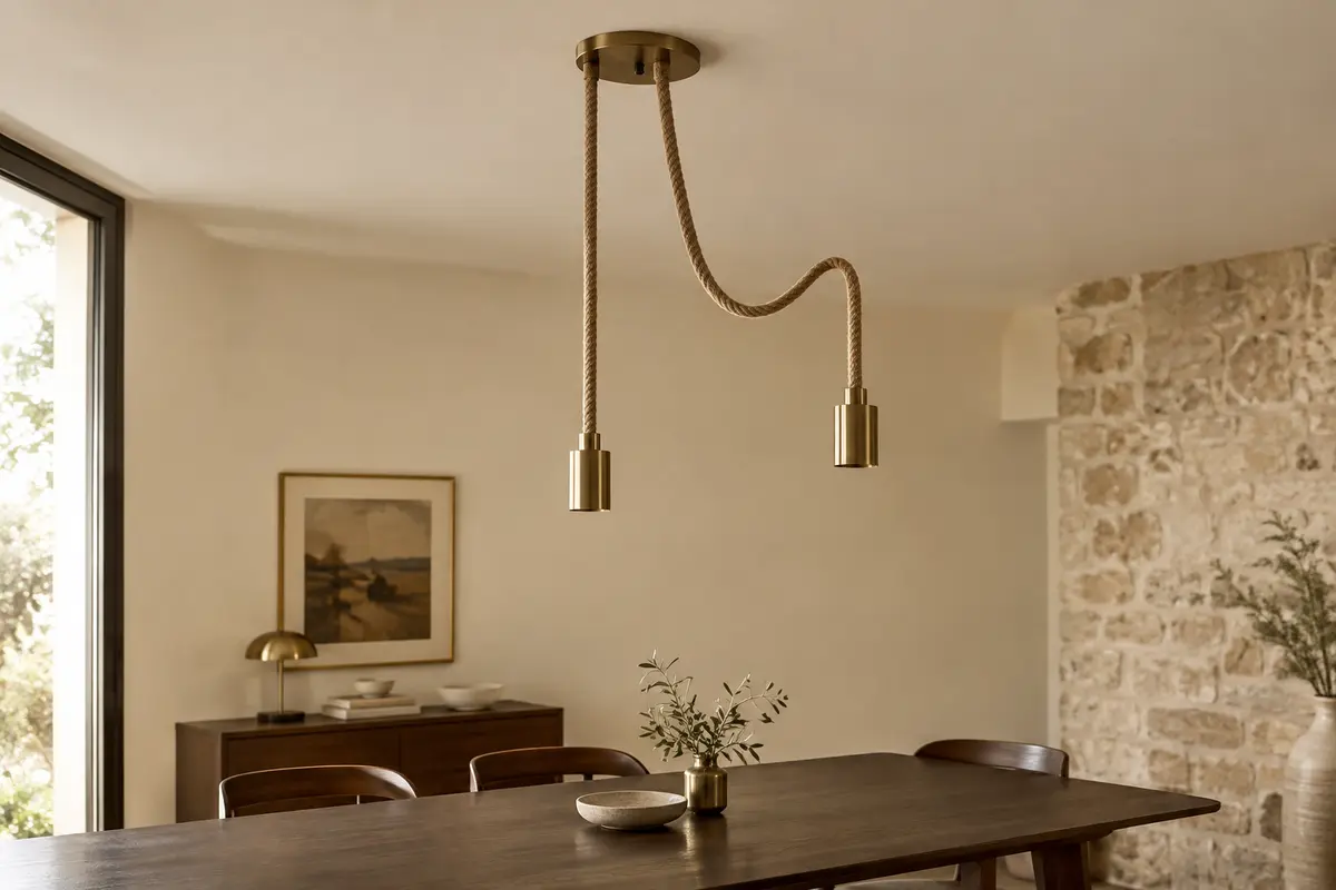 Suspension à deux douilles E27 et cordes souples de style chanvre, installée au-dessus d’une table en bois.