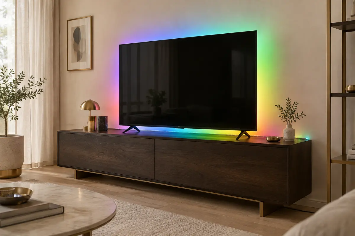 Ruban LED multicolore Tapo installé derrière un téléviseur, diffusant une lumière d’ambiance sur un mur ivoire.