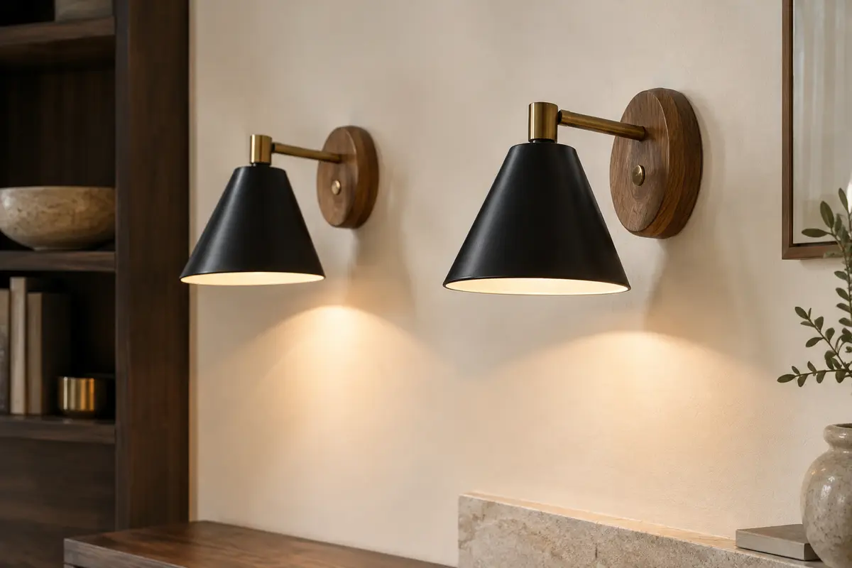 Deux appliques murales noires en bois et métal, installées sur un mur ivoire dans un intérieur calme.