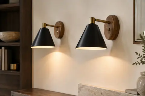 Deux appliques murales noires en bois et métal, installées sur un mur ivoire dans un intérieur calme.