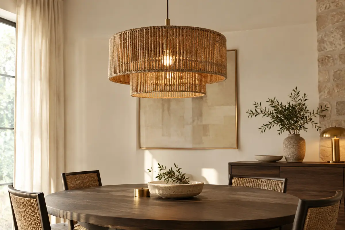 Suspension ronde en jute à deux niveaux installée au-dessus d’une table dans une salle à manger claire