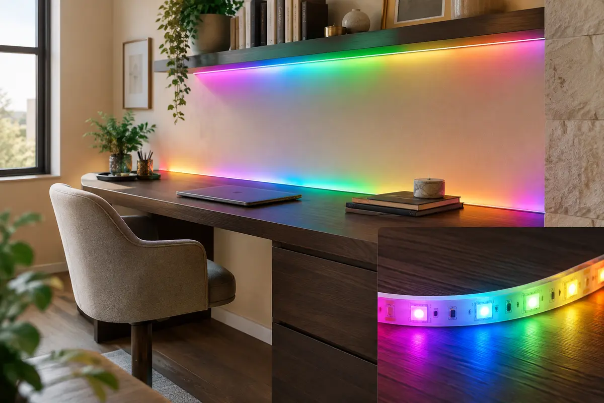 Ruban LED multicolore installé derrière un bureau et une étagère dans une chambre aux tons ivoire et bois.