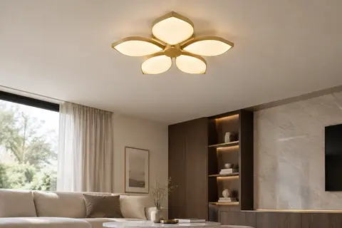 Plafonnier LED floral à cinq têtes diffusant une lumière chaude dans un salon aux tons ivoire.