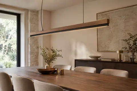 Suspension en bois naturel et fer noir installée au-dessus d’une table dans un intérieur calme