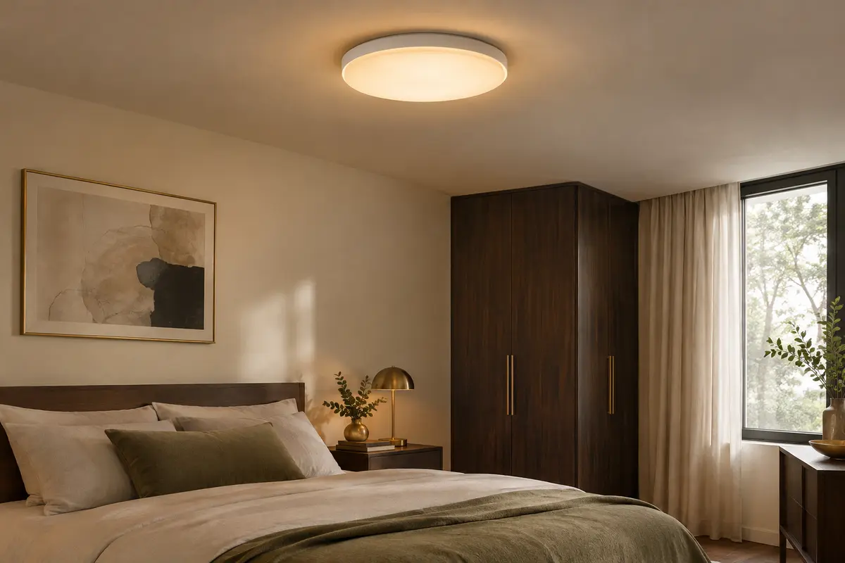 Plafonnier LED rond blanc au profil plat, diffusant une lumière ambrée douce dans une chambre.