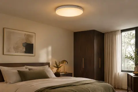 Plafonnier LED rond blanc au profil plat, diffusant une lumière ambrée douce dans une chambre.