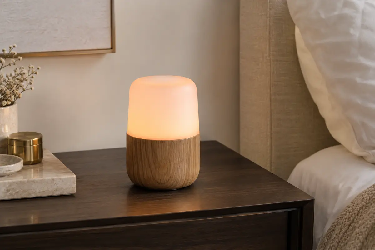Veilleuse LED compacte à effet bois, allumée sur une table de chevet dans une chambre calme.