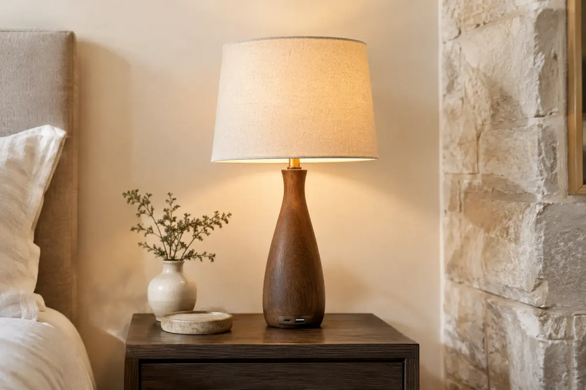 Lampe de chevet tactile avec abat-jour en lin et base effet bois, posée sur une table près du lit.