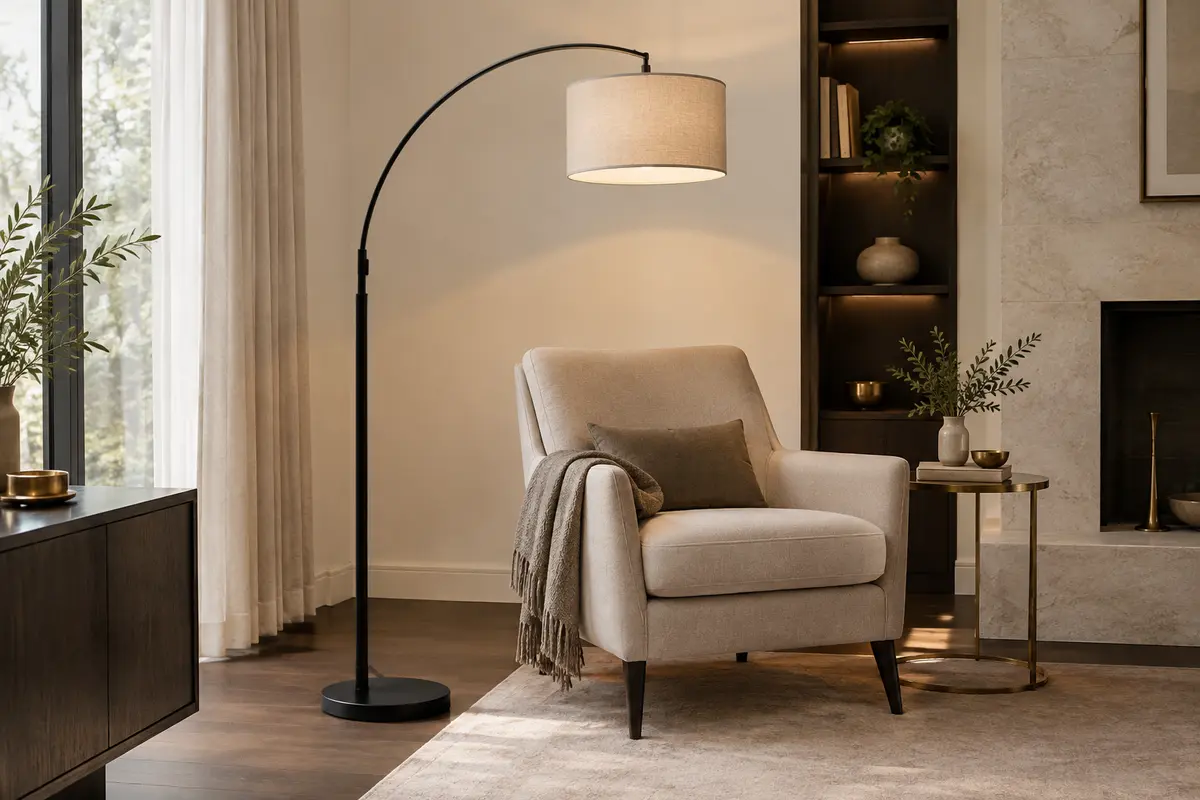 Lampadaire arc Vasagle à structure noire mate et abat-jour en tissu dans un intérieur lumineux.