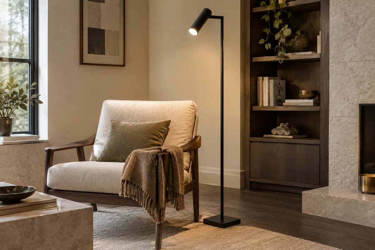 Lampadaire noir mat à tête LED orientable installé près d’un fauteuil dans un salon lumineux.