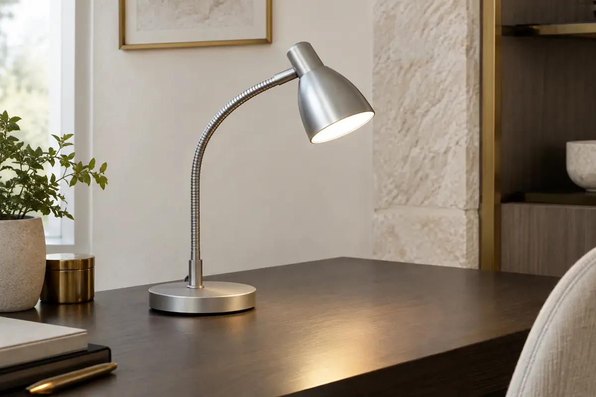 Lampe de bureau Velamp en métal argenté avec bras flexible, posée sur un bureau en bois fumé.