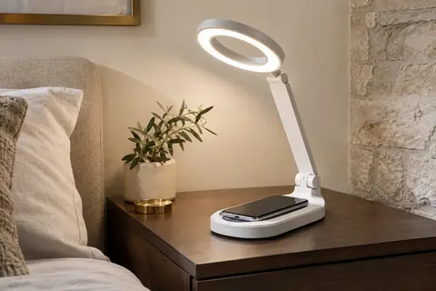 Lampe de chevet blanche à anneau LED orientable et zone de charge sans fil, posée sur une table en bois.