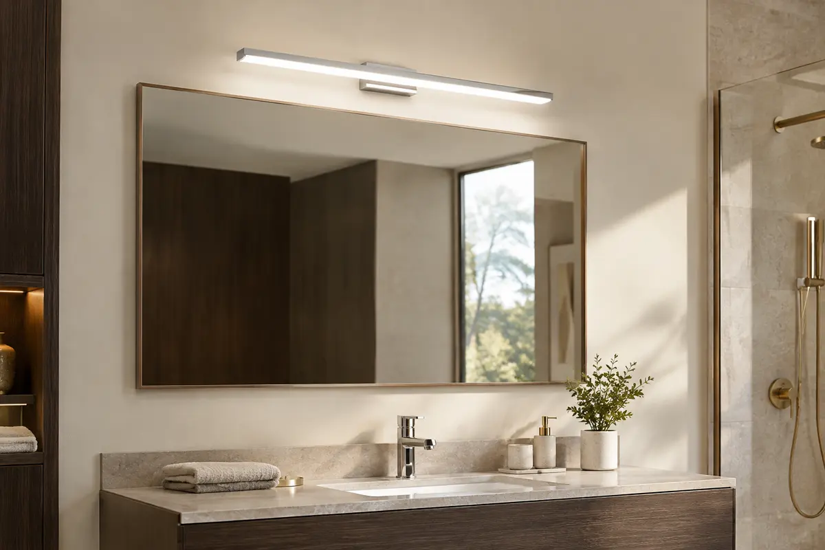 Applique LED chromée de 40 cm installée au-dessus d’un miroir et d’un lavabo