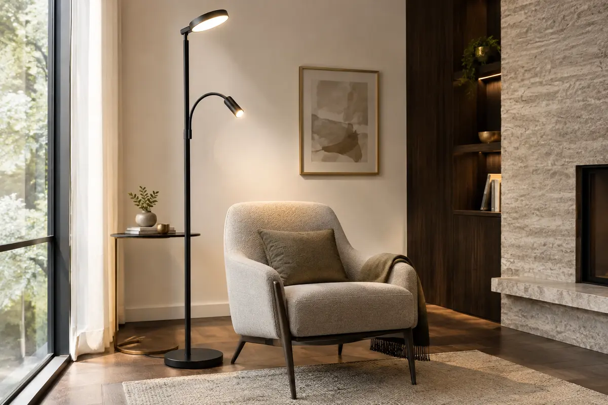 Lampadaire LED noir à deux têtes orientables installé près d’un fauteuil dans un salon lumineux.