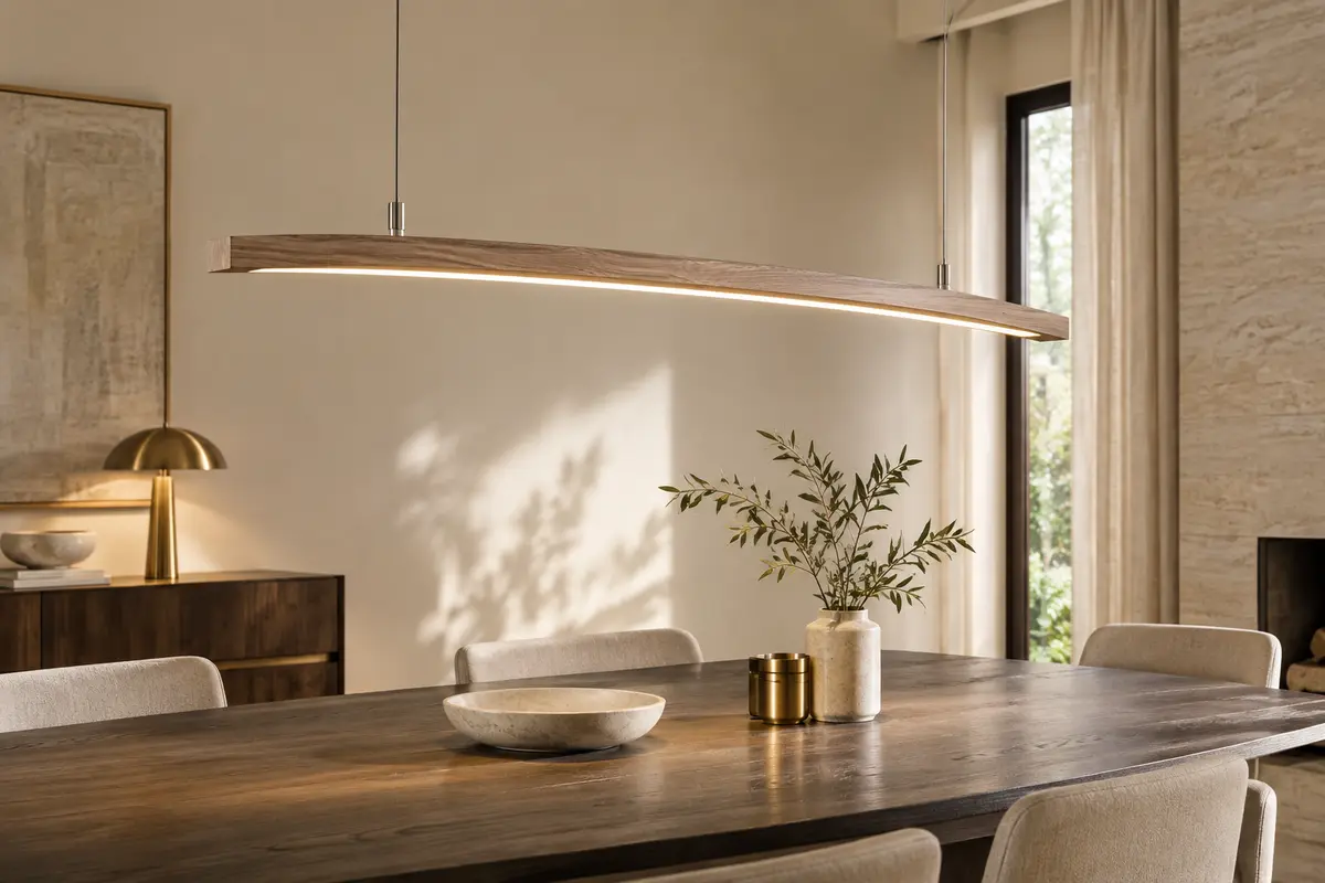 Suspension LED linéaire en bois naturel installée au-dessus d’une table dans un intérieur calme.