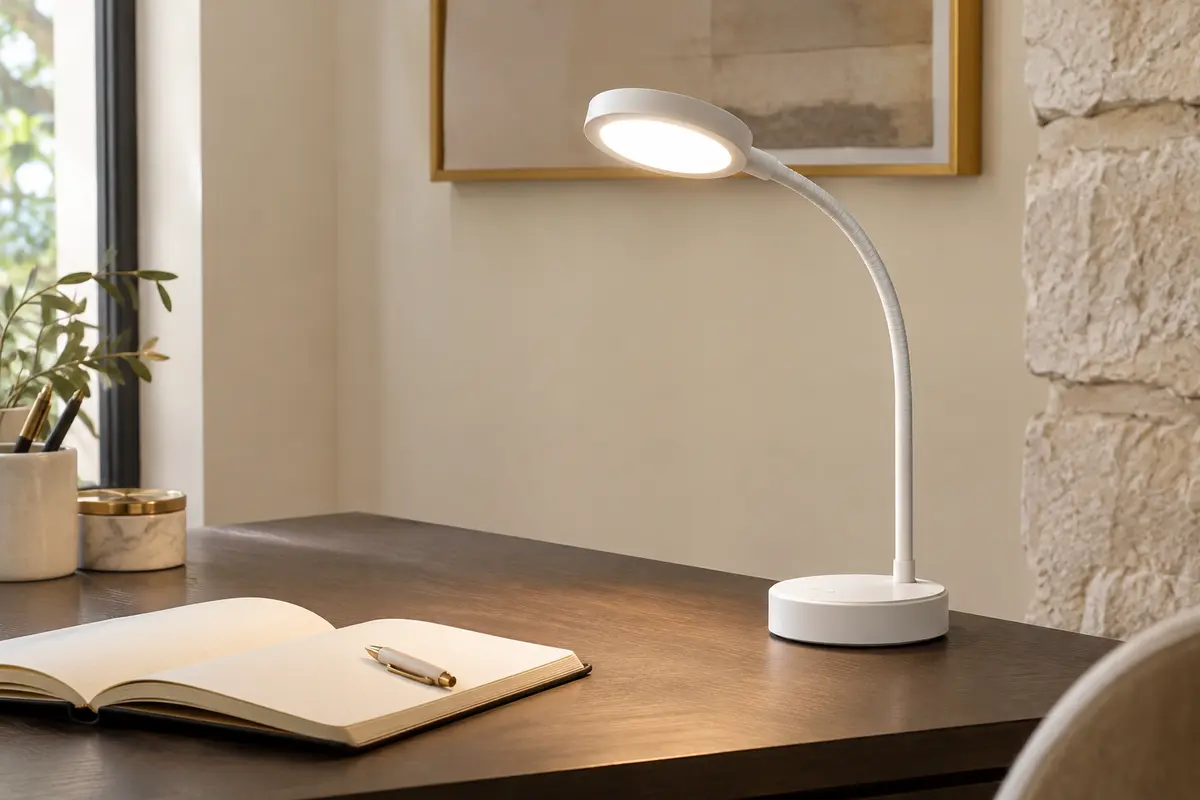 Lampe de bureau LED blanche à col flexible, posée sur un bureau en bois fumé.