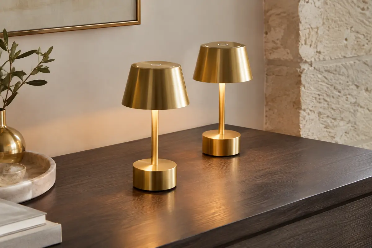 Deux lampes de table LED tactiles en aluminium doré posées sur une table dans un intérieur lumineux.